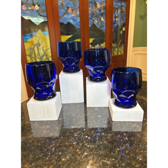 Viking Hazel Atlas Georgian Cobalt Blue Lowball Glasses - Picture 5 of 9